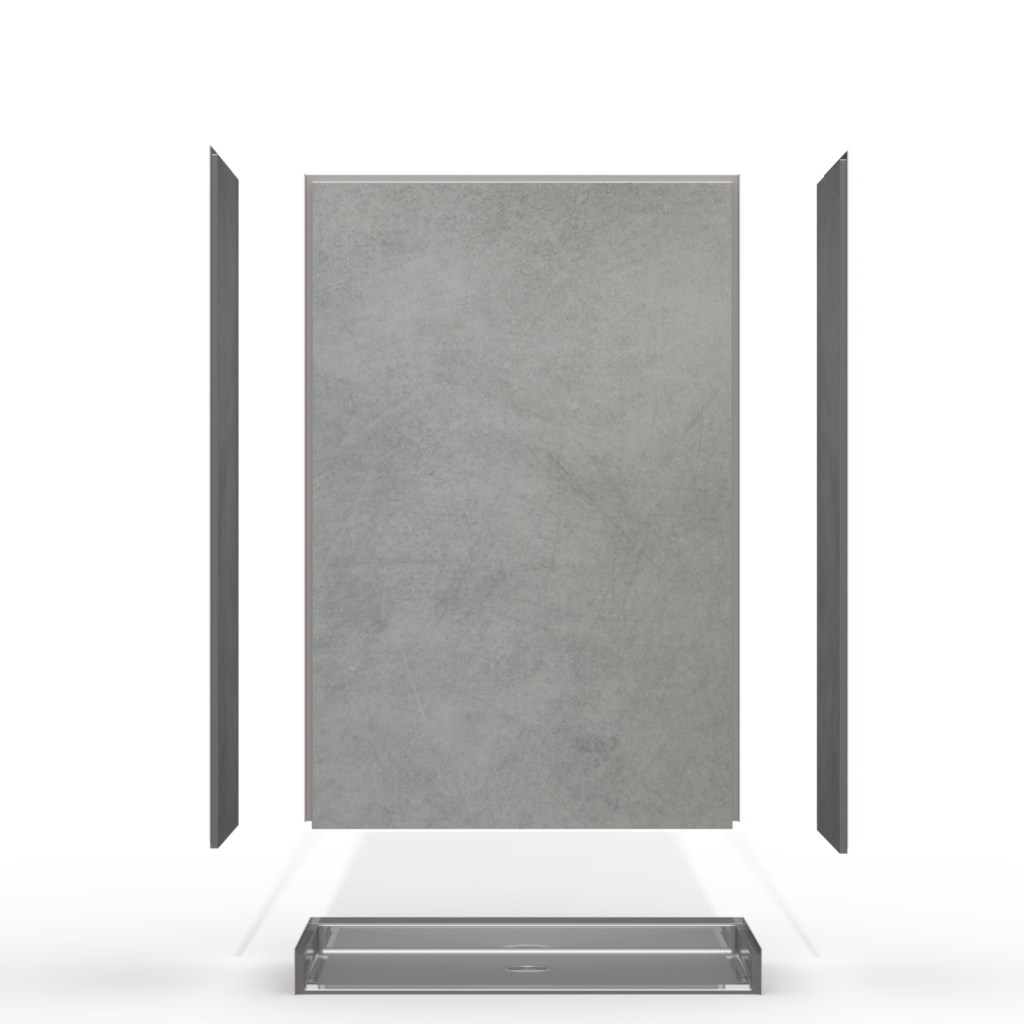 Exploded view of a grey slate single backwall shower panel system