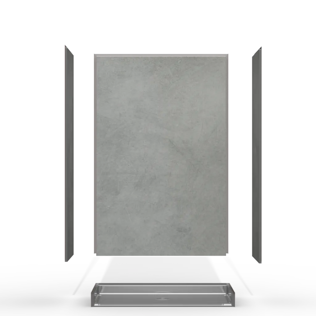 Exploded view of a grey slate single backwall shower panel system