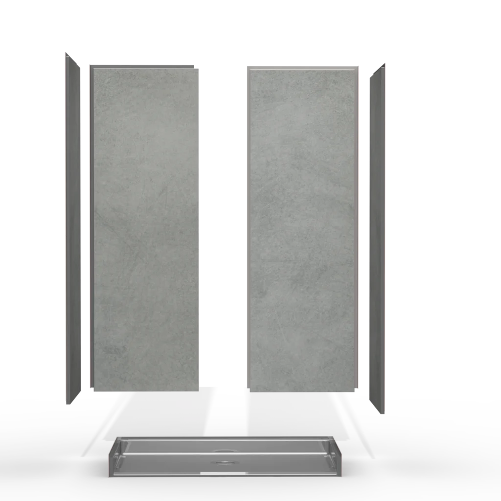 Exploded view of a grey slate split backwall shower panel system in two sections