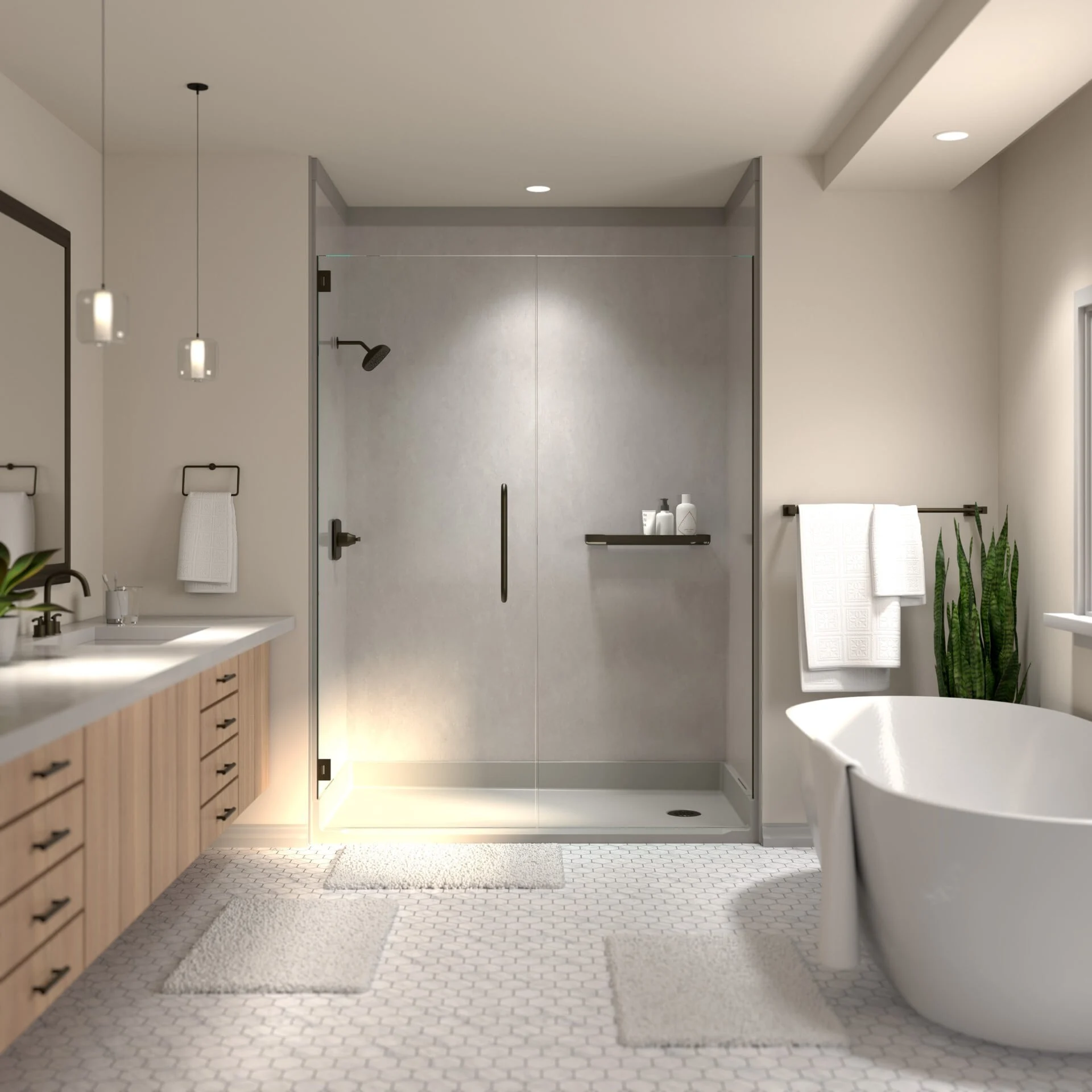 Finished bathroom with an installed walk-in shower featuring large-format stone-look wall panels and a glass panel