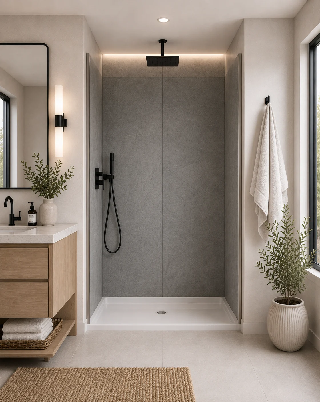 Modern walk-in shower with grey stone-look wall panels, a glass screen and a curbless entry