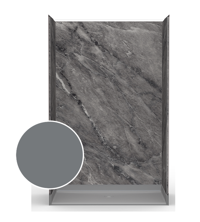Close-up of grey marble style bath wall panels with dramatic veining