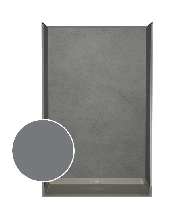 Close-up of grey slate style shower wall system panel with a matte textured surface