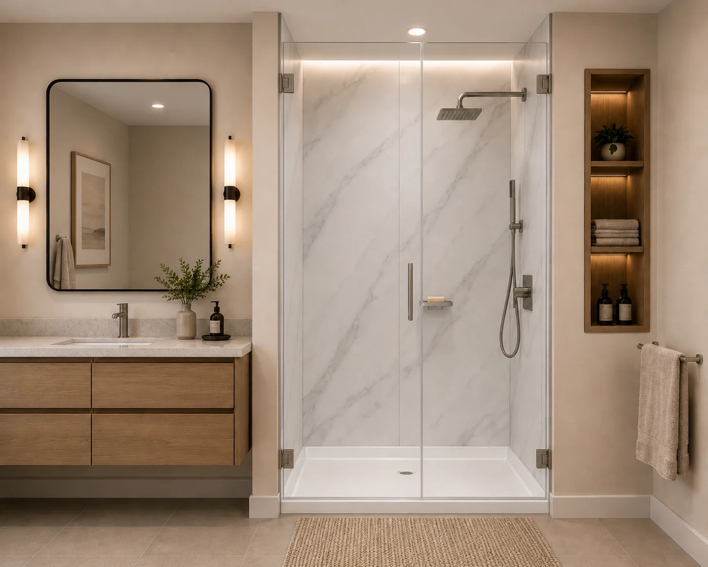 Finished walk-in shower installation with clear glass panel, stone-look wall panels and a wood vanity
