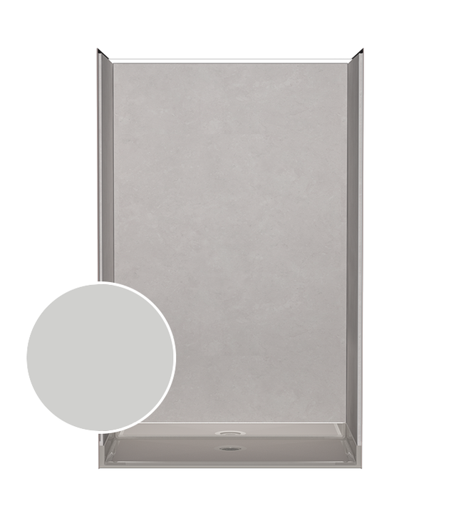 Close-up of limestone style shower wall kit panel with a warm sand tone
