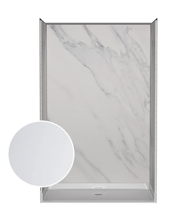 Close-up of white marble style shower wall panels with soft grey veining